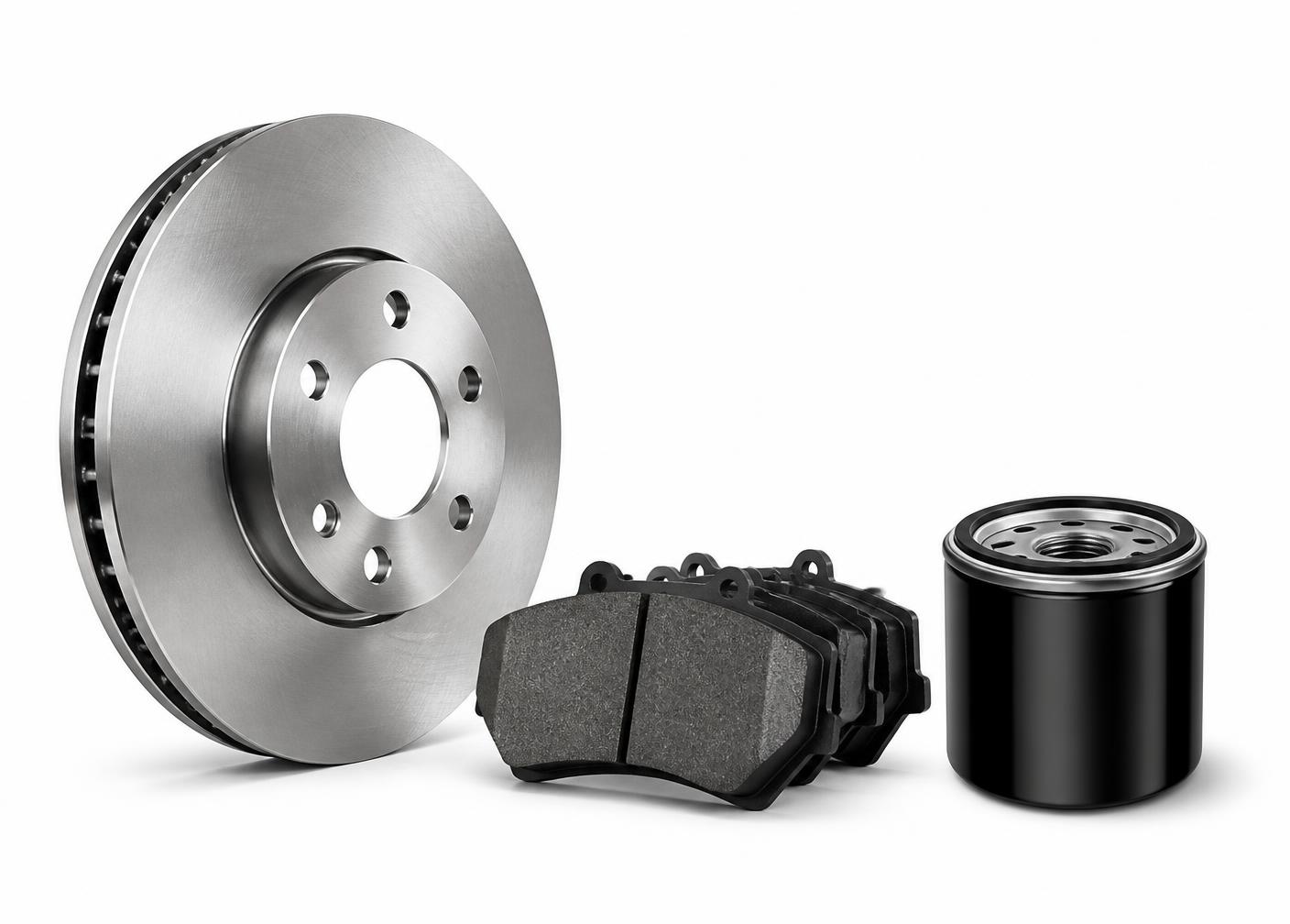 Brake disc, brake pad set and oil filter photographed on white